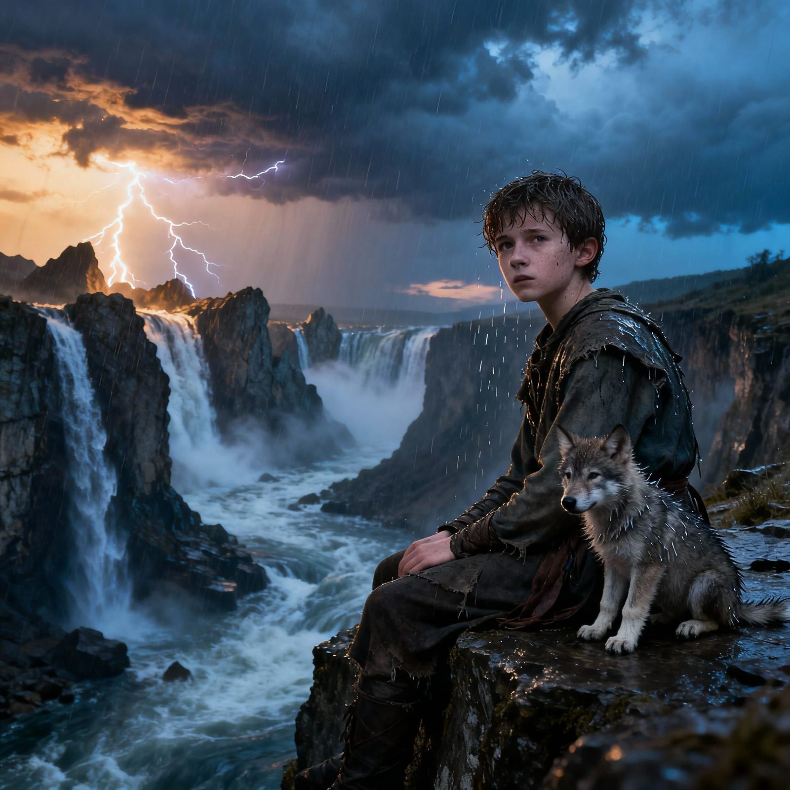 Boy and Wolf Pup Brave Stormy Canyon at Dusk
