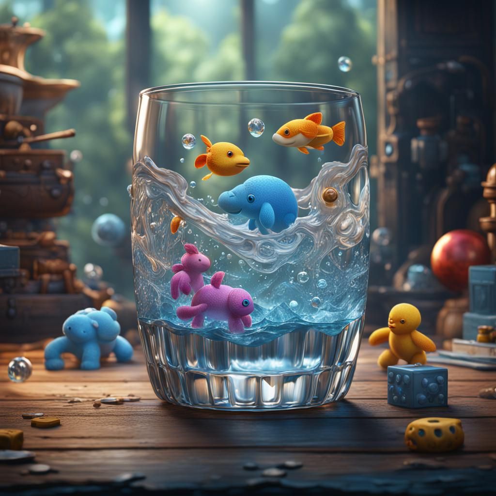 Toys in Glass of Water: Detailed Fantasy Art