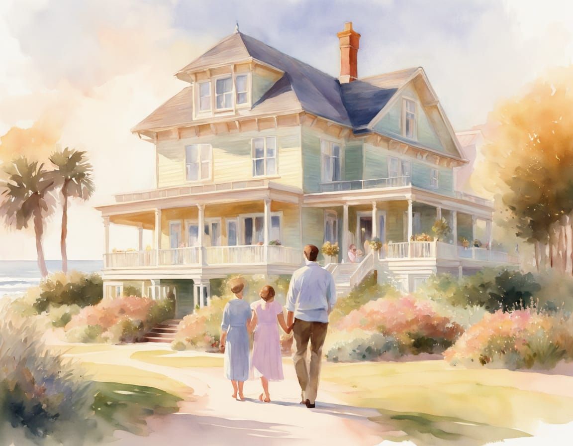 Edwardian Beach House Family in Watercolor Style