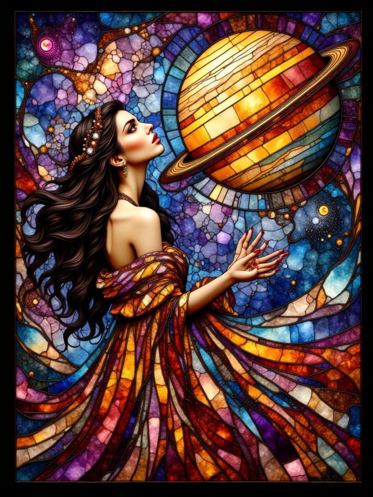 Whimsical Saturn with Lady in Vivid Stained Glass Style
