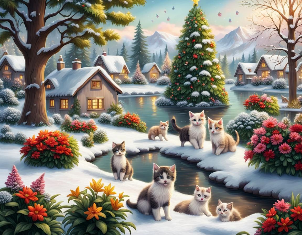 Festive Snowy Landscape with Kittens and Puppies