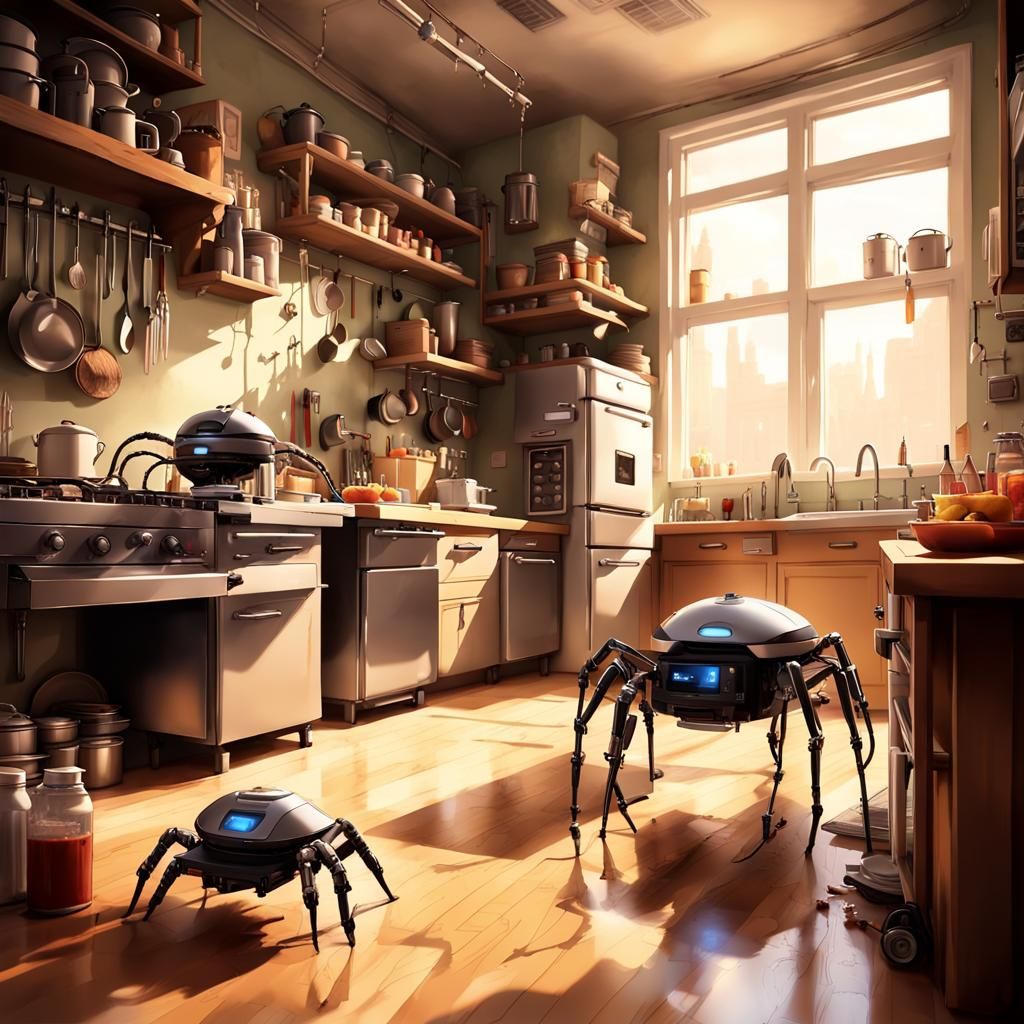 Cleaning Robots in Kitchen: Maximalist Digital Painting
