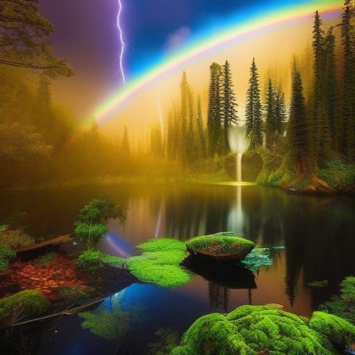 Spirits Dancing by Pond Under Rainbow Starry Sky