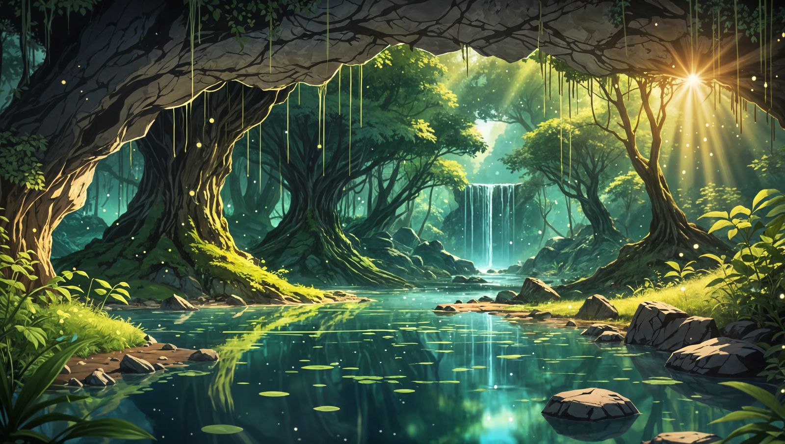 Anime Hot Spring Cave in Forest: Manga Art