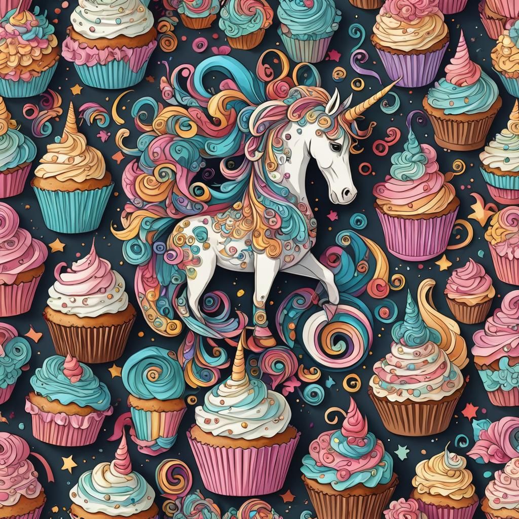 Unicorn in Cupcake Shop with Abstract Fractals