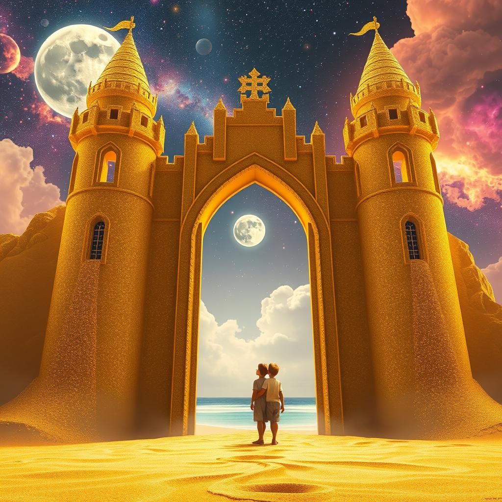 Children at a Golden Sandcastle in Space