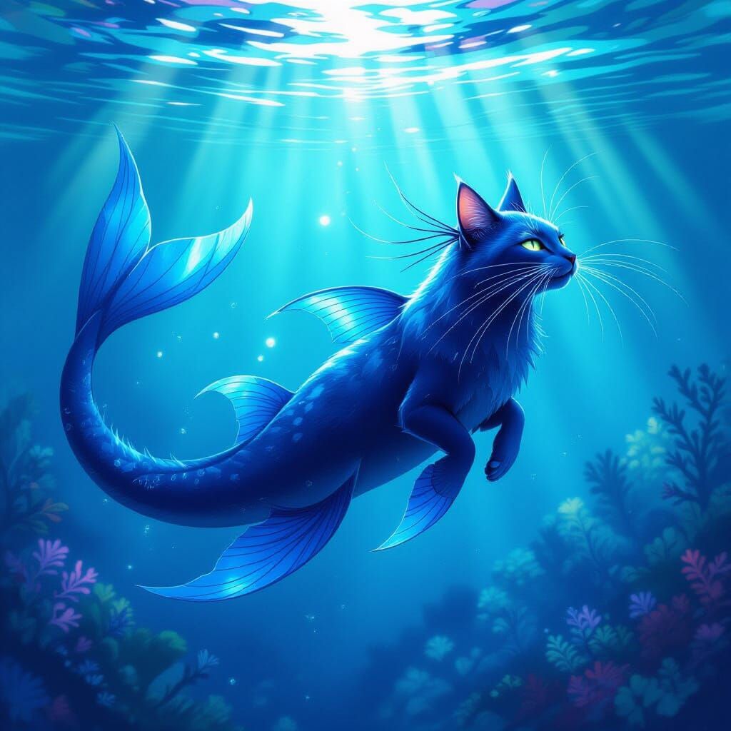 Deep Blue Feline Creature Swimming in Bioluminescent Waters