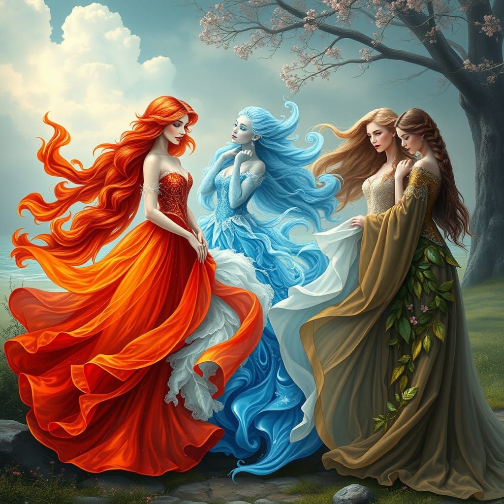 Fiery Princesses of Elemental Balance in a Dreamlike Landsca...