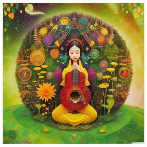 Cosmic Forest Dreamscape with Musical Instrument