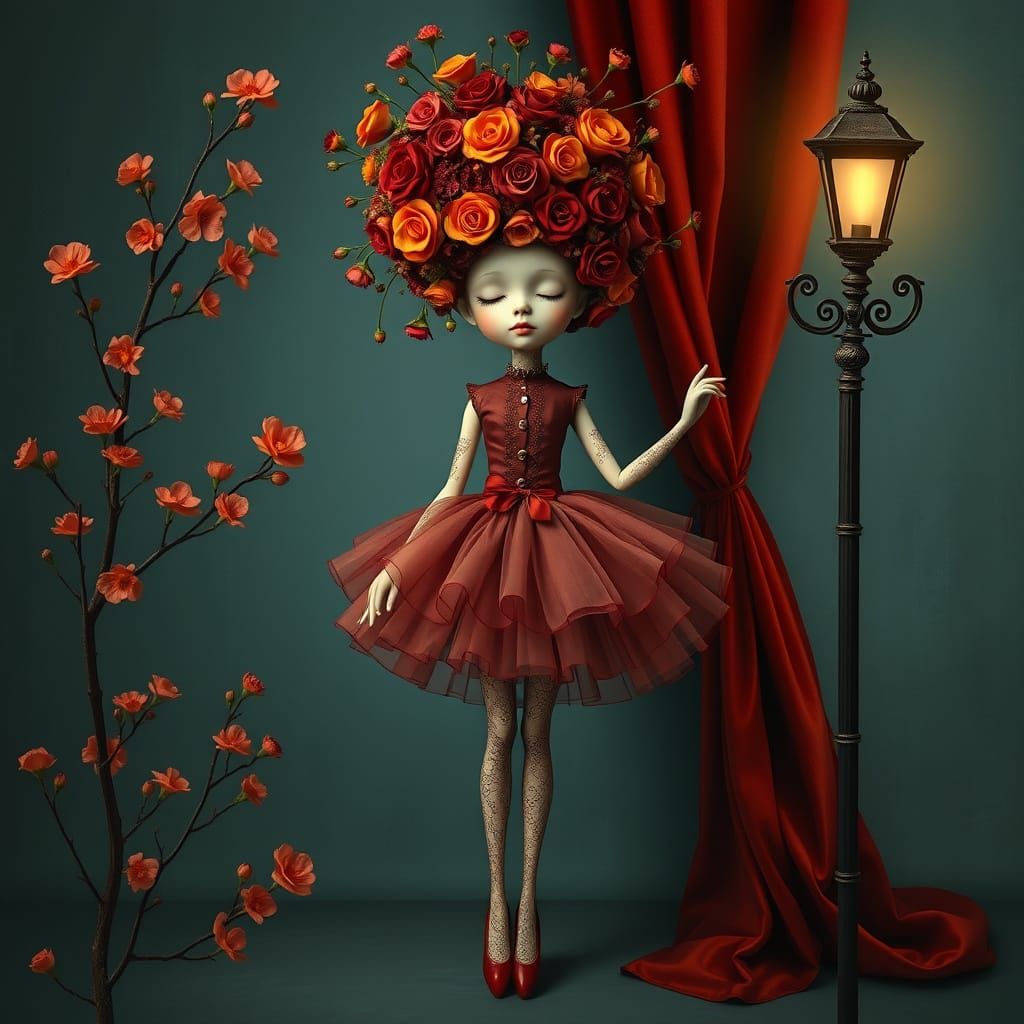 Surreal Doll Figure With Blooming Rose Head
