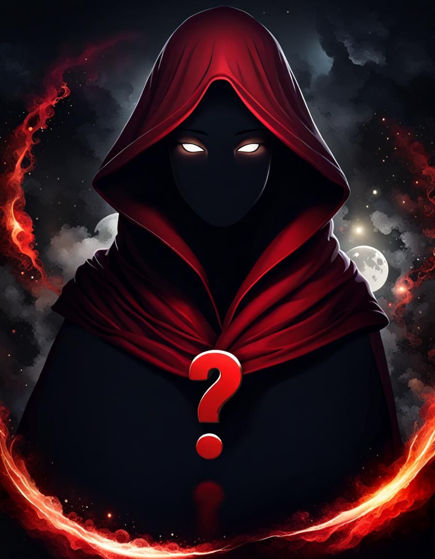 Enigmatic Woman in Red Cloak with Question Mark