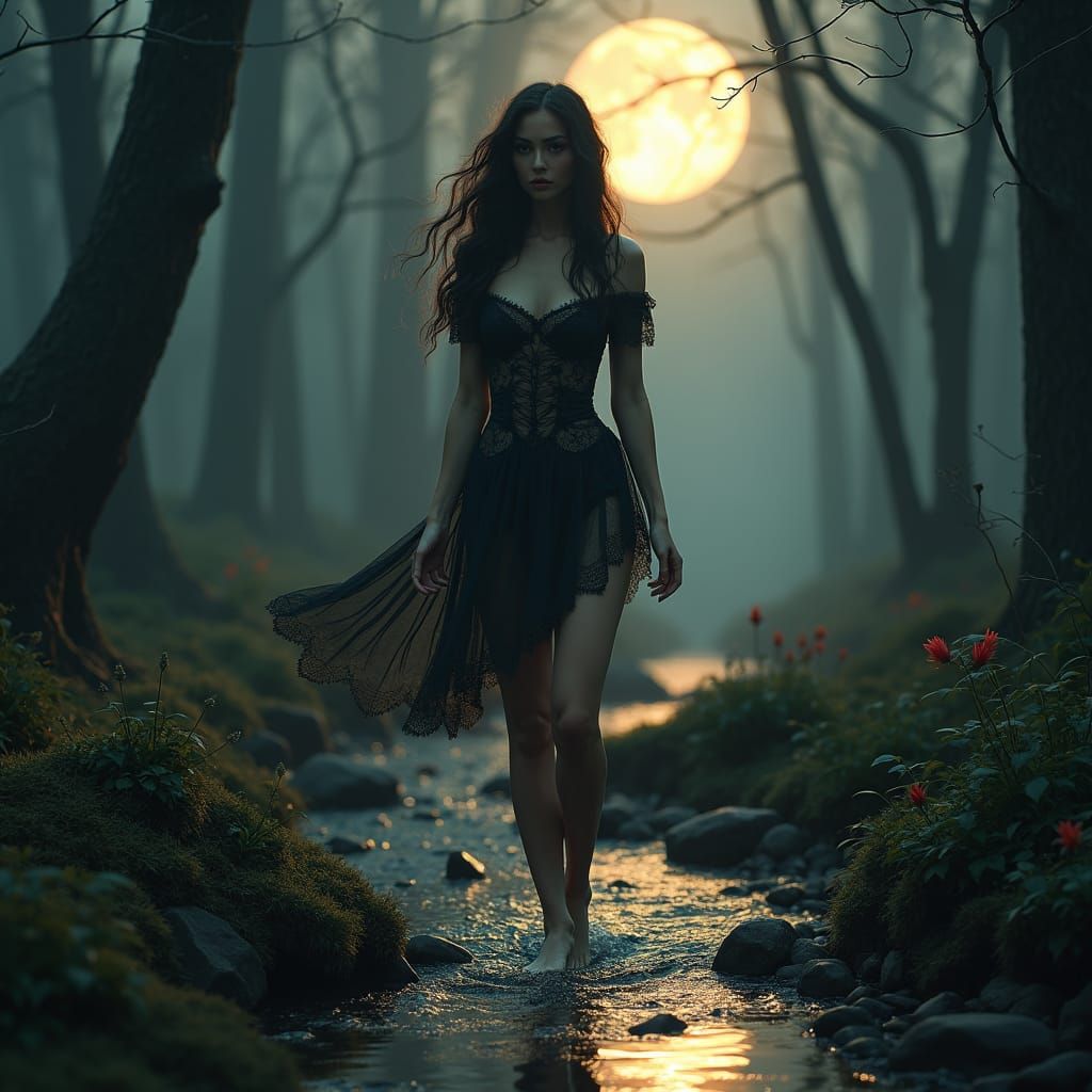 Ethereal Woman in Dark Forest, Fantasy Art