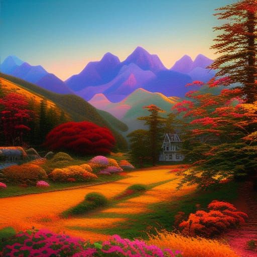 Mountains at Sunrise in Cel-Shaded Cubist Style