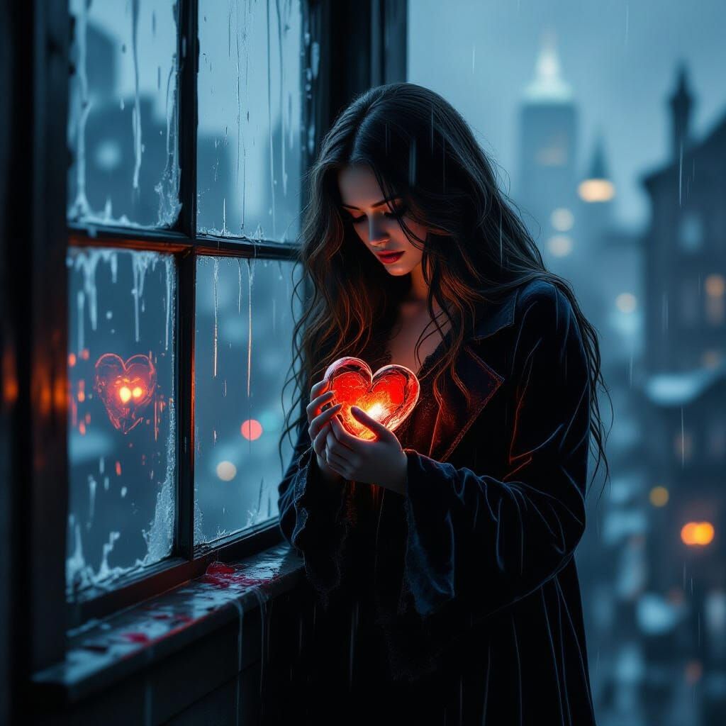 Melancholic Woman with Shattered Heart, Digital Matte Painti...