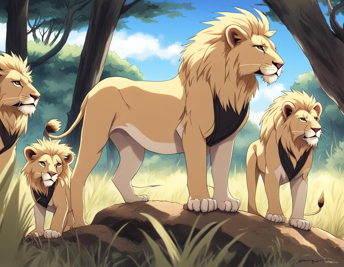 Blonde Lions in Safari: An Anime-Style Rendition