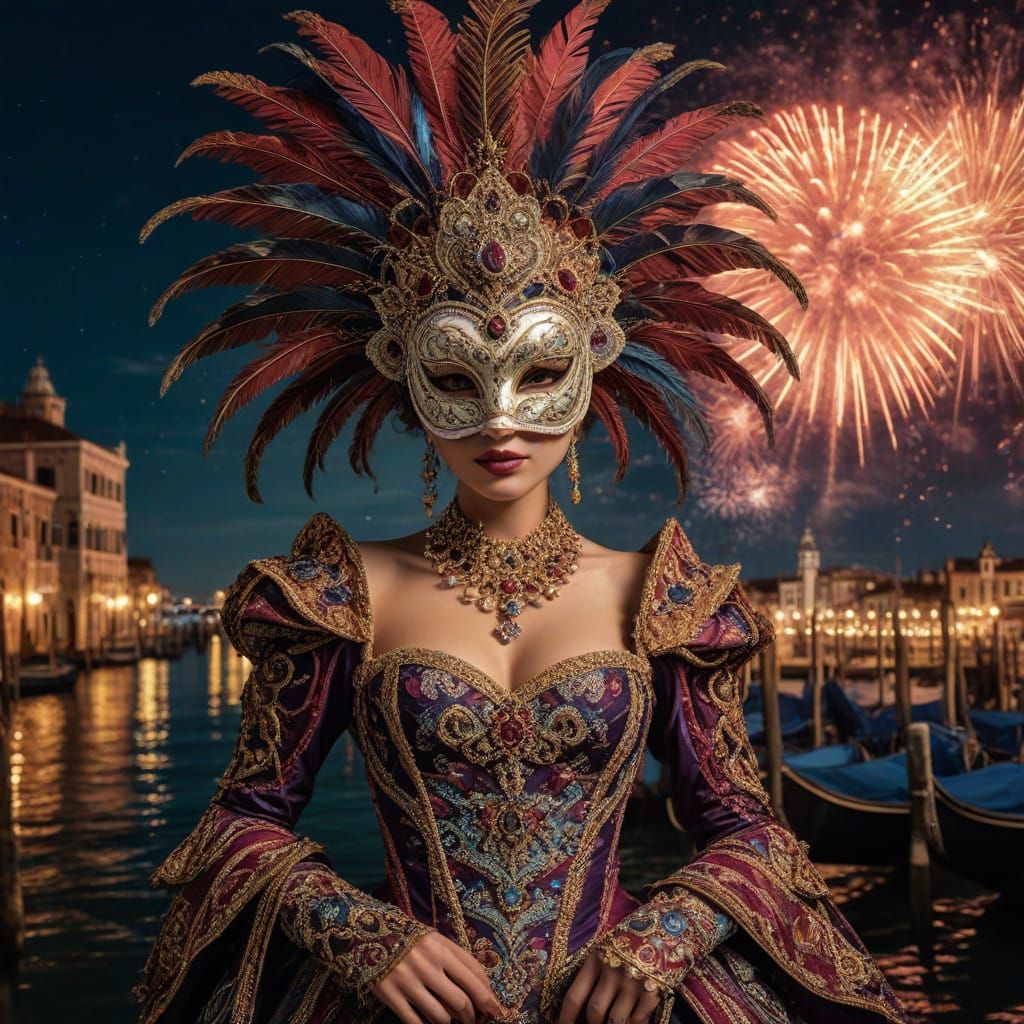 Elegant Woman in Jewel-Toned Masquerade Ball Gown Beside Spa...