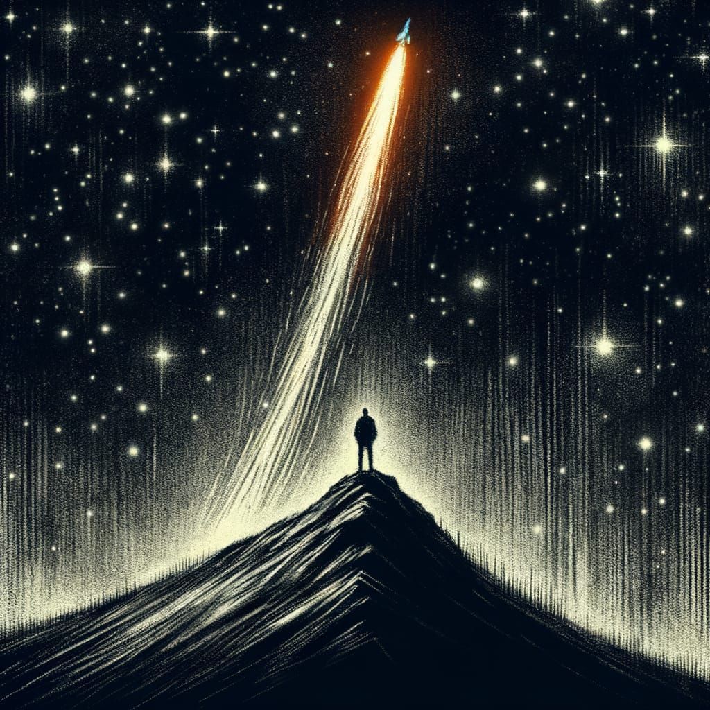 Silhouetted Figure Watches Rocket Launch, Charcoal Sketch