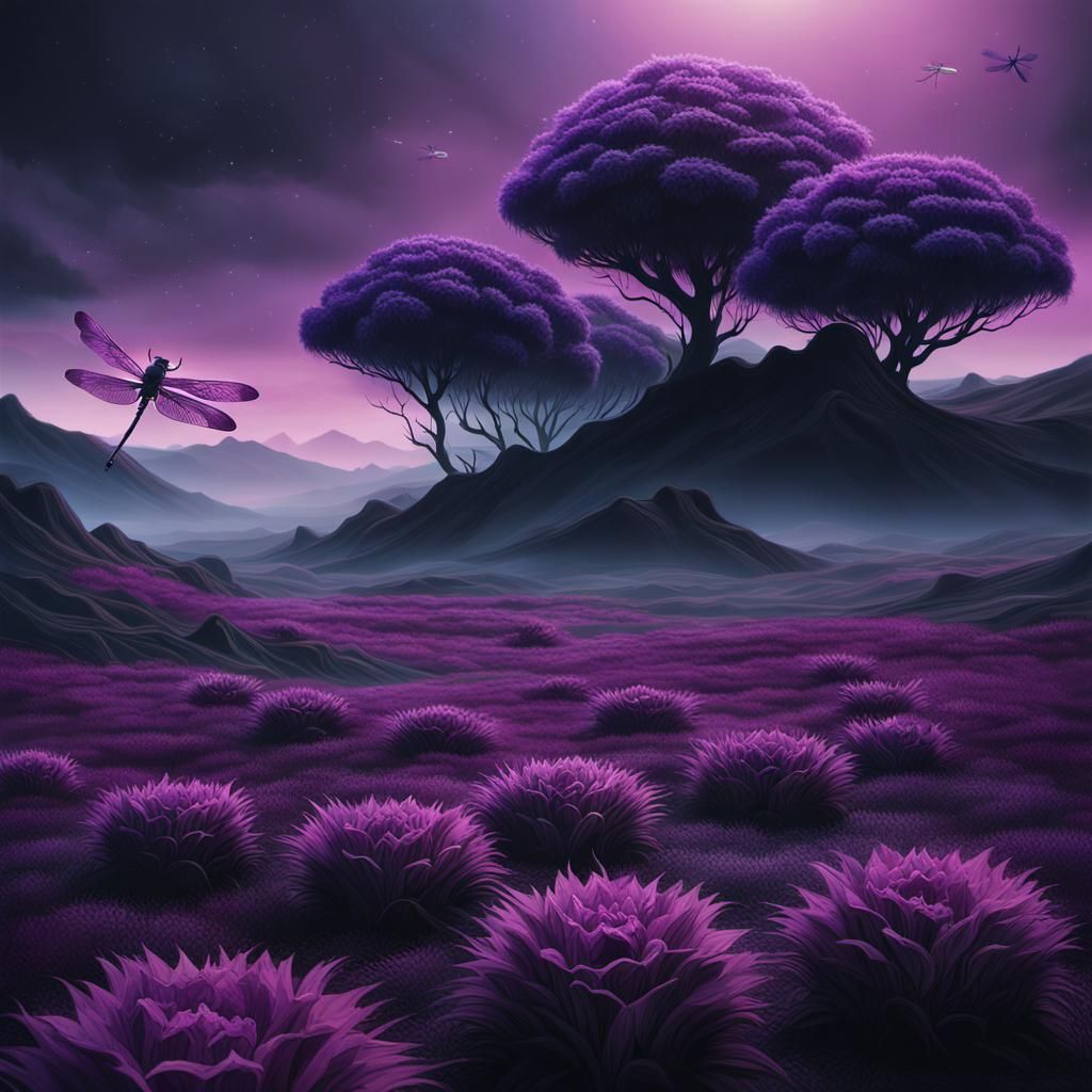 Alien Landscape with Purple Grass and Dragonfly People