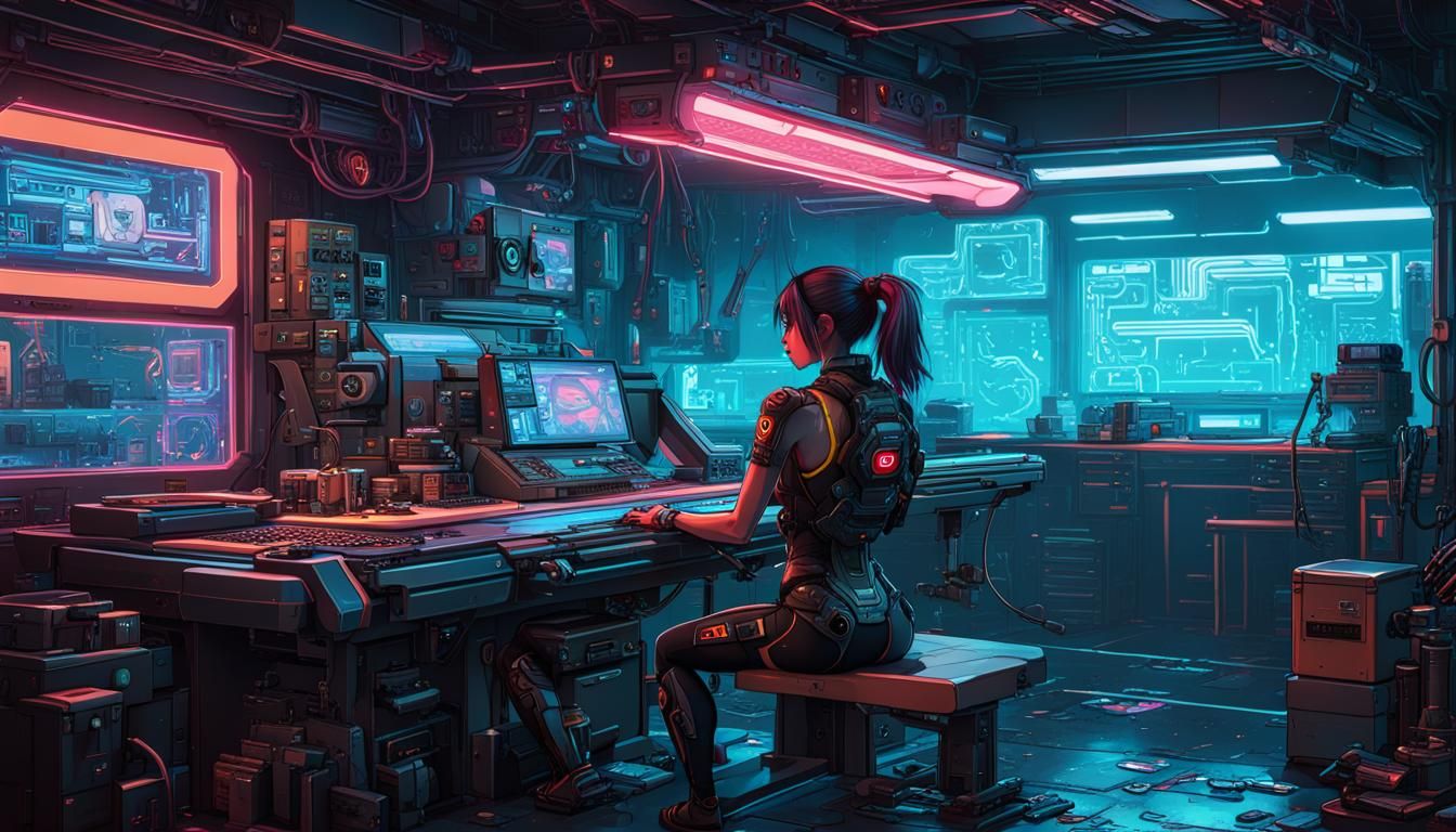 Cyborg Girl Daydreaming in Cyberpunk Anime Style