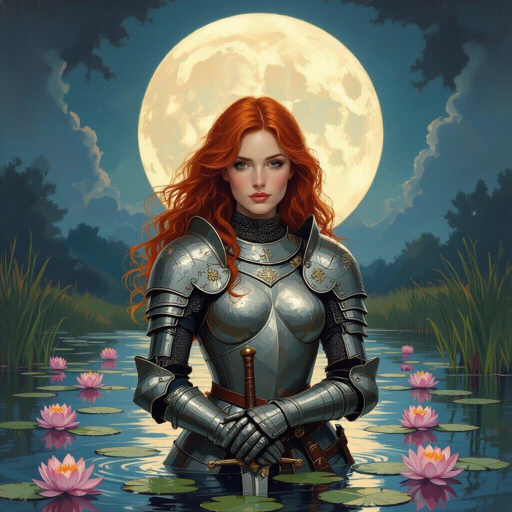 Redheaded Knight by Water Lily Pond Under Full Moon