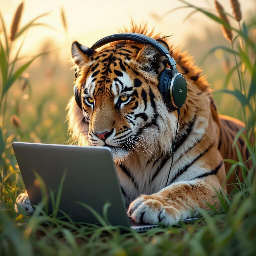 Majestic Liger Nuzzles Laptop in Ethereal Dawn Light