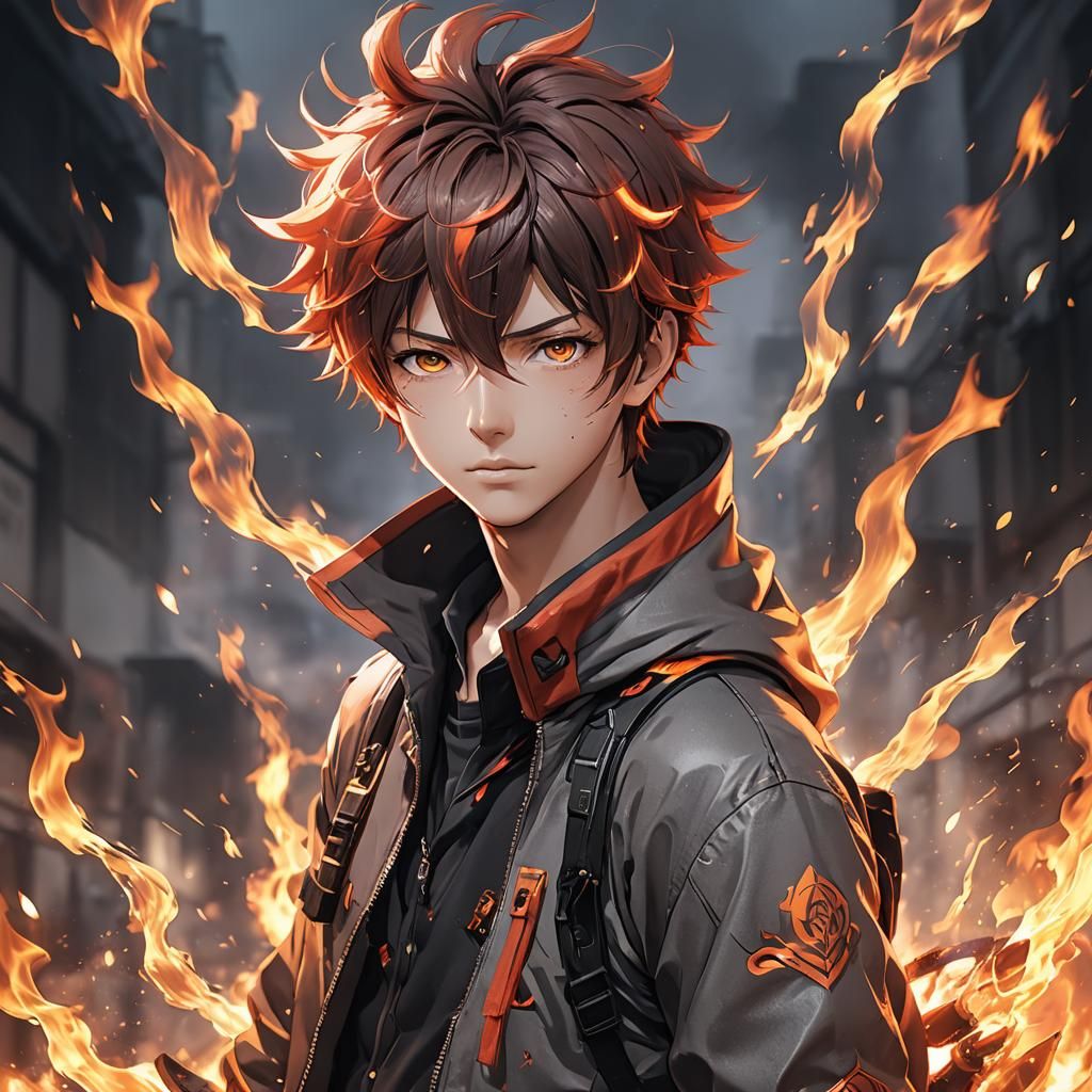 Fiery Anime Boy: 3D Art Inspired by Genshin Impact