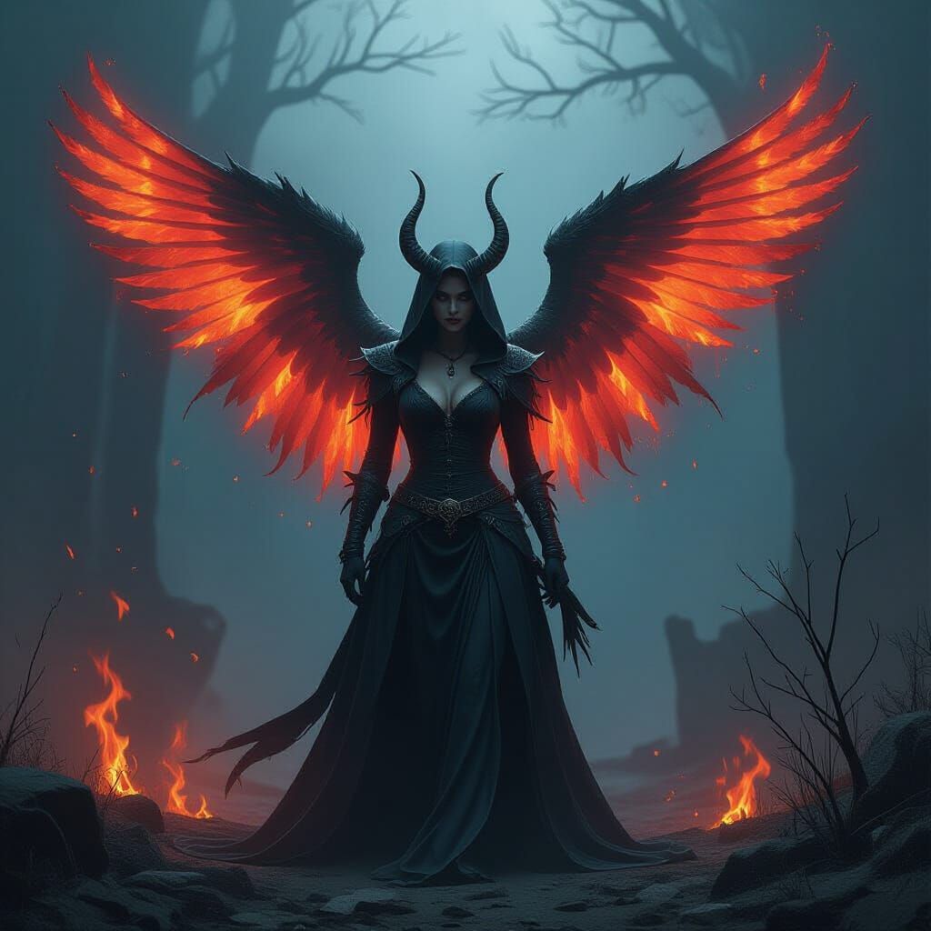 Fallen Angel Vampire with Flaming Wings in Surreal Style