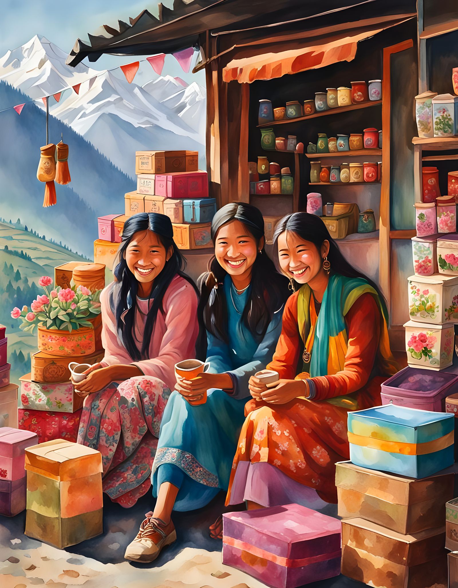 Ethereal Darjeeling Tea Shop Scene in Vibrant Watercolour