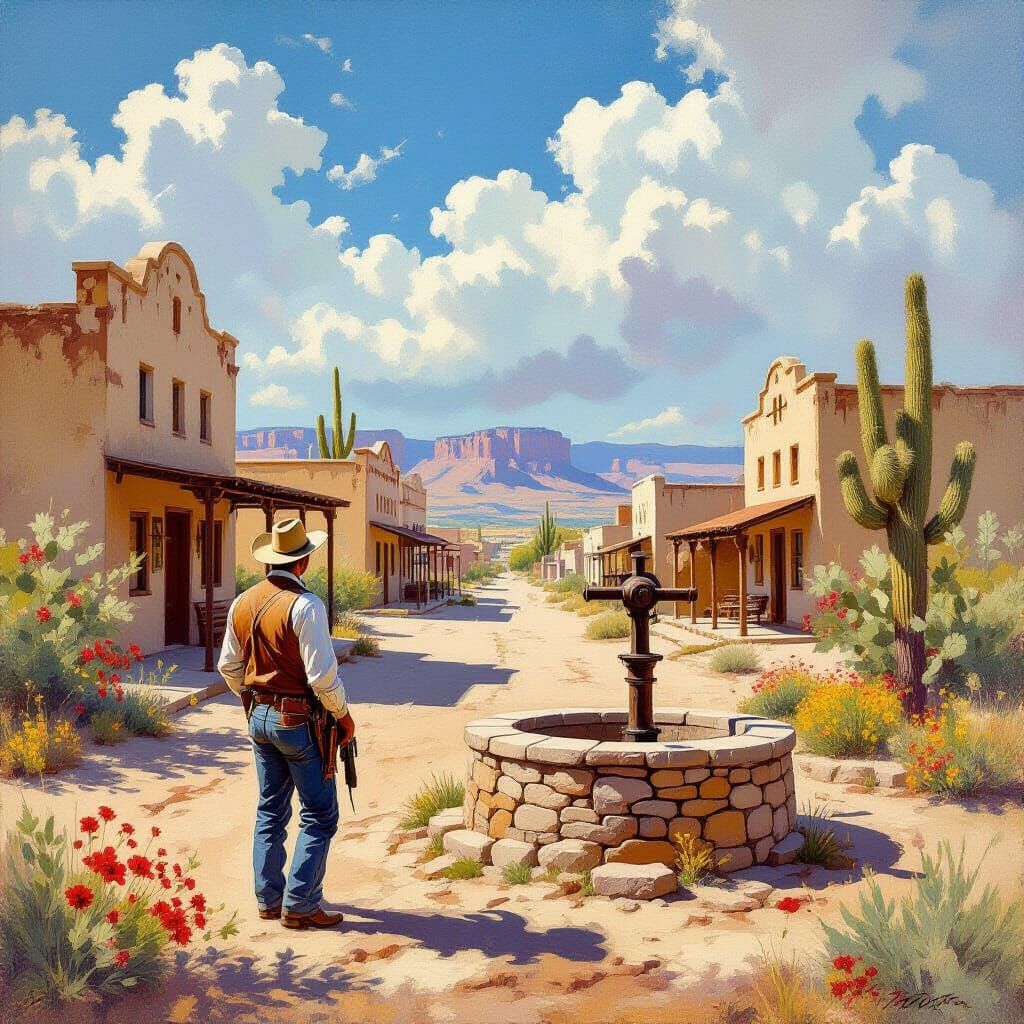 Cowboy in Rustic Western Town Oil Painting
