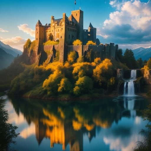 Medieval Castle Ruins with Waterfall and Sunlight