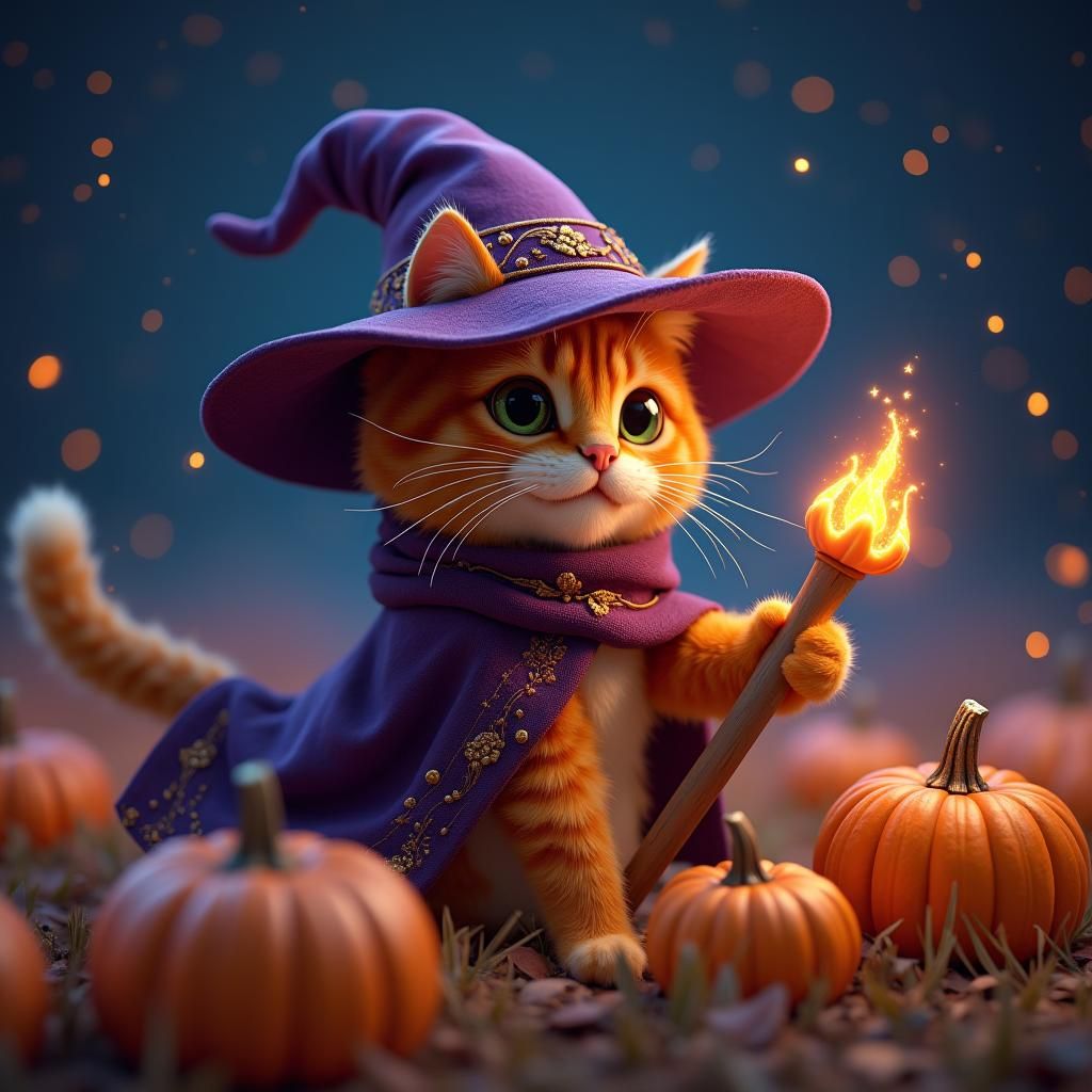 Enchanting Orange Cat Witch in Pumpkin Field