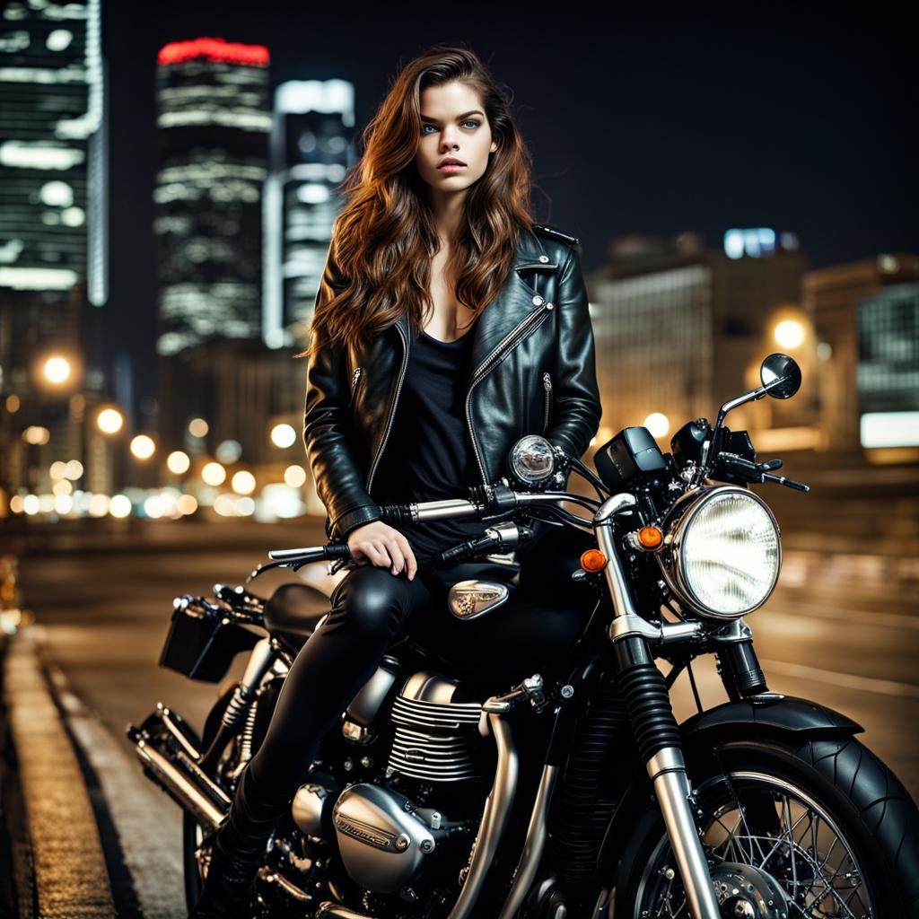 Barbara Palvin in Night City on Triumph Bonneville