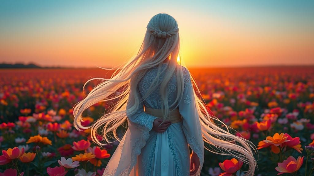 Serenely Standing Anime Goddess in a Vibrant Flower Field