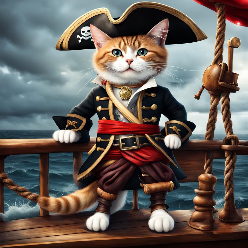 Cat Pirate on Stormy Ship Deck