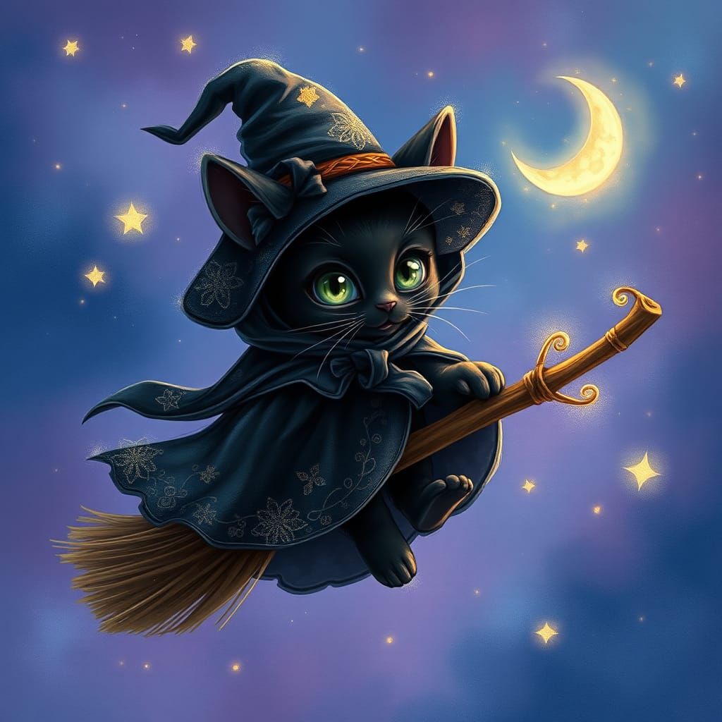 Kitten Witch Soaring Through Starry Sky