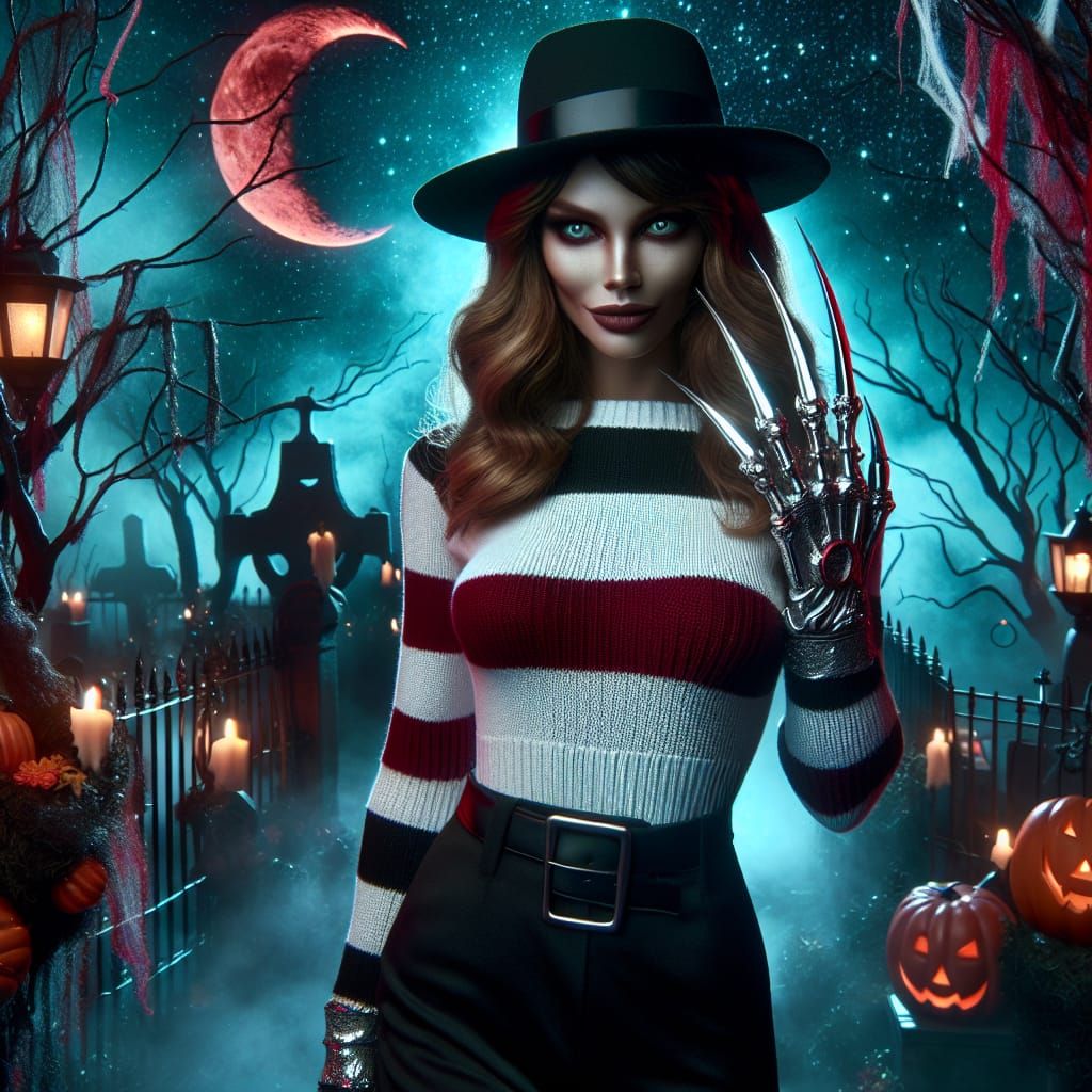 Horror Character in Graveyard Under Red Moon