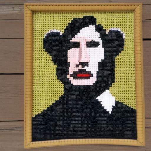 cross-stich of Adam Driver riding a bear