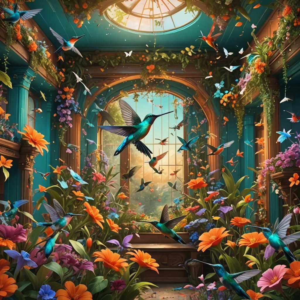 Whimsical Hummingbird Room: Fantasy Art Nouveau