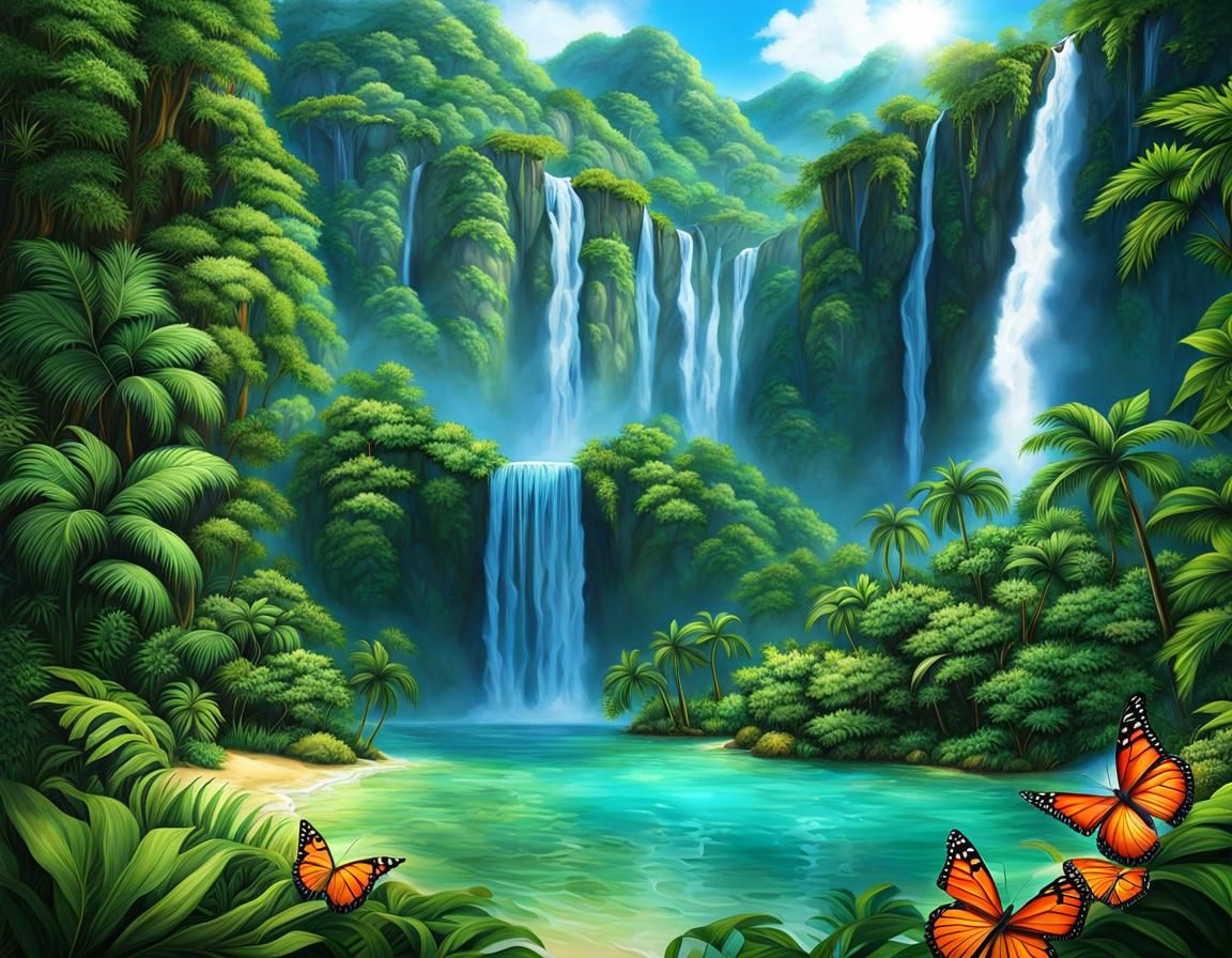 Lush Tropical Island: Mountainside Waterfalls in Sunlight