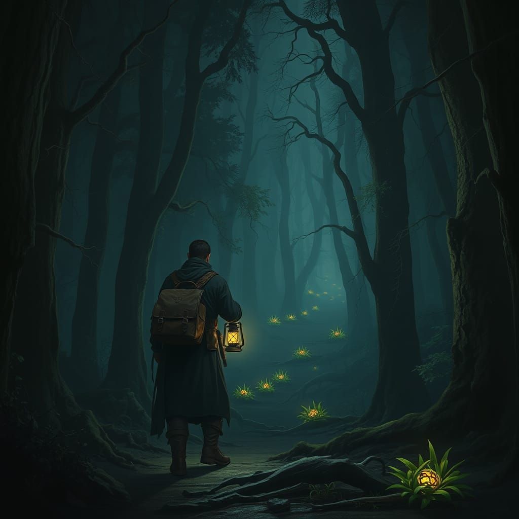 Magical Lantern Illuminates Ancient Forest Journey