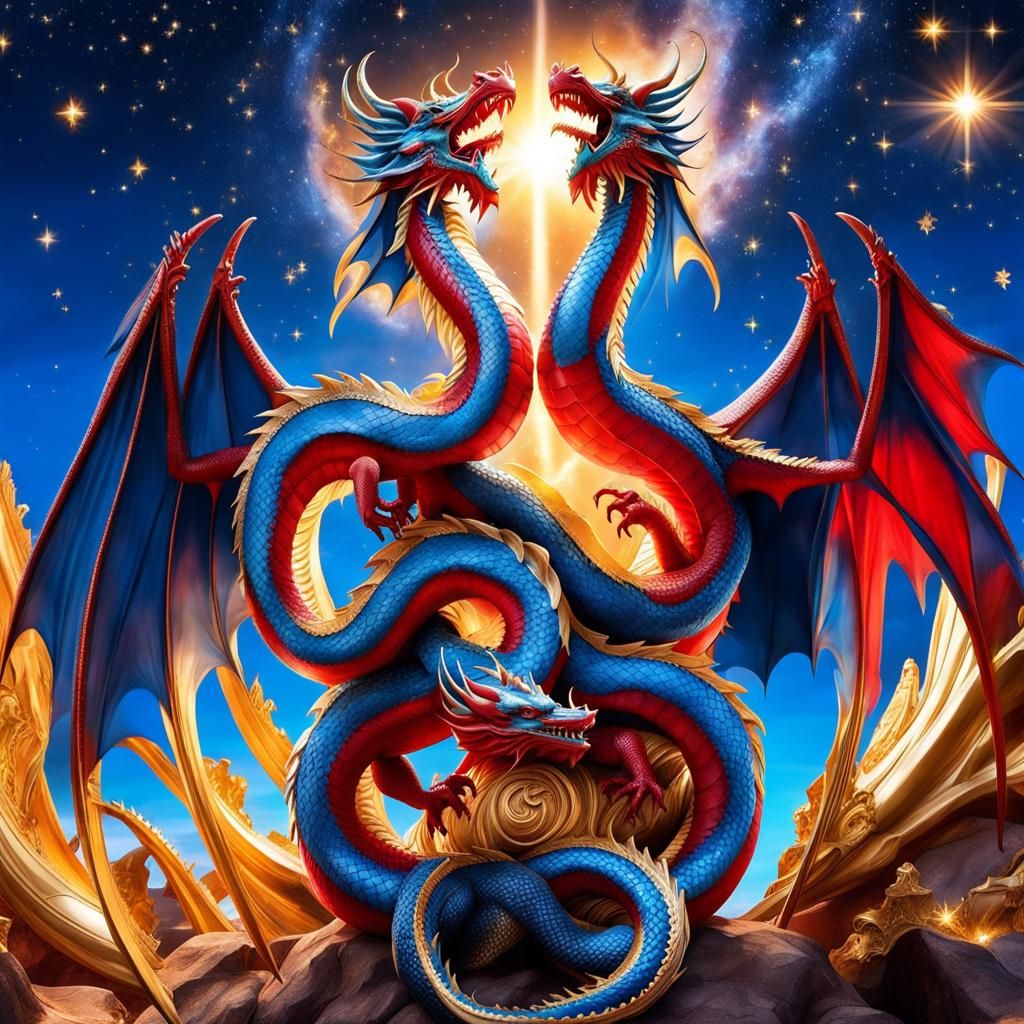 Red and Blue Dragons Dancing in Starry Sky