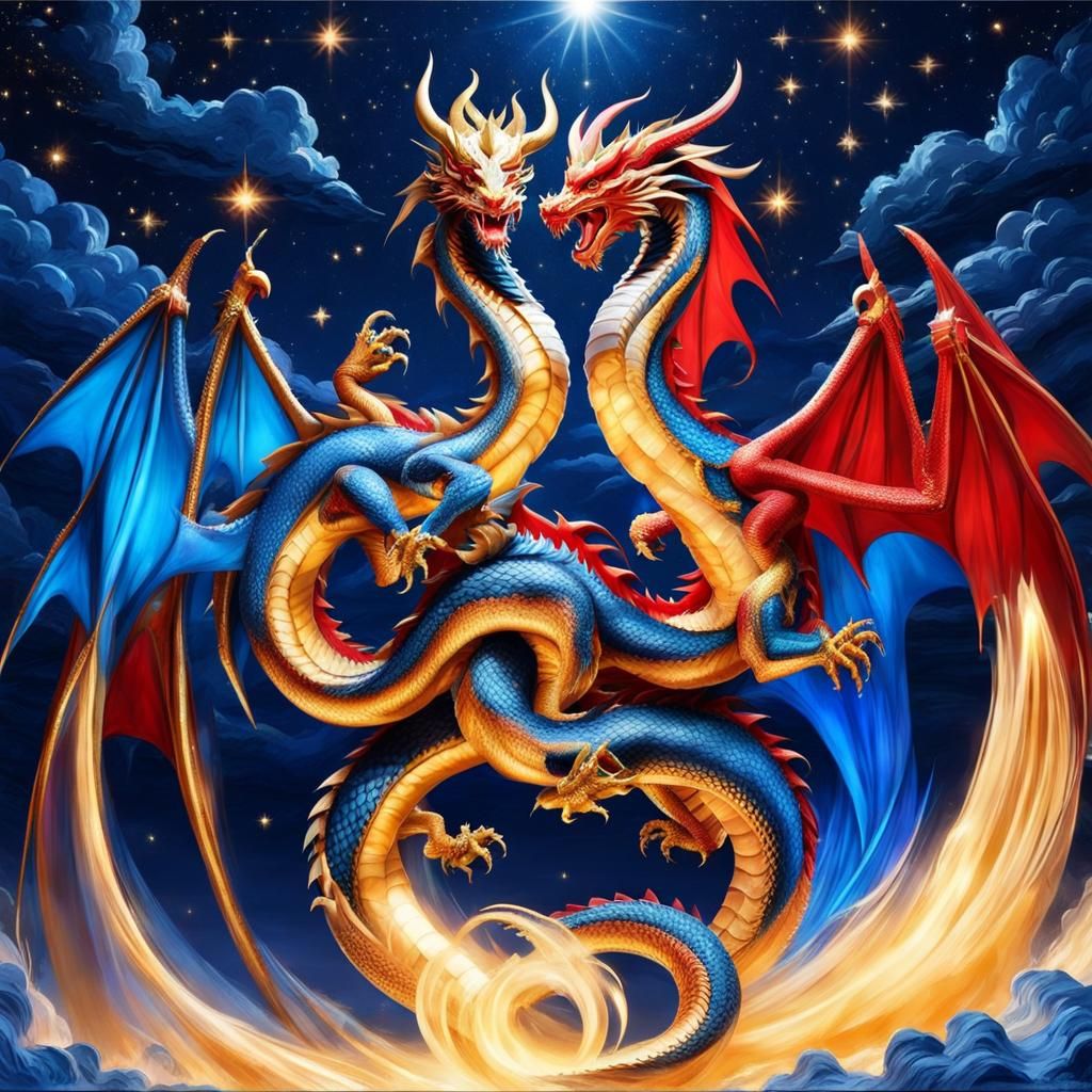 Red and Blue Dragons Dance in Starry Sky
