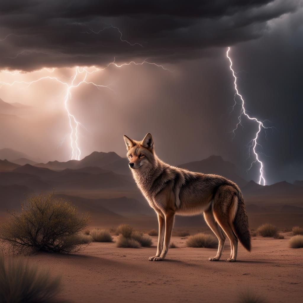 Coyote in Overcast Desert with Lightning