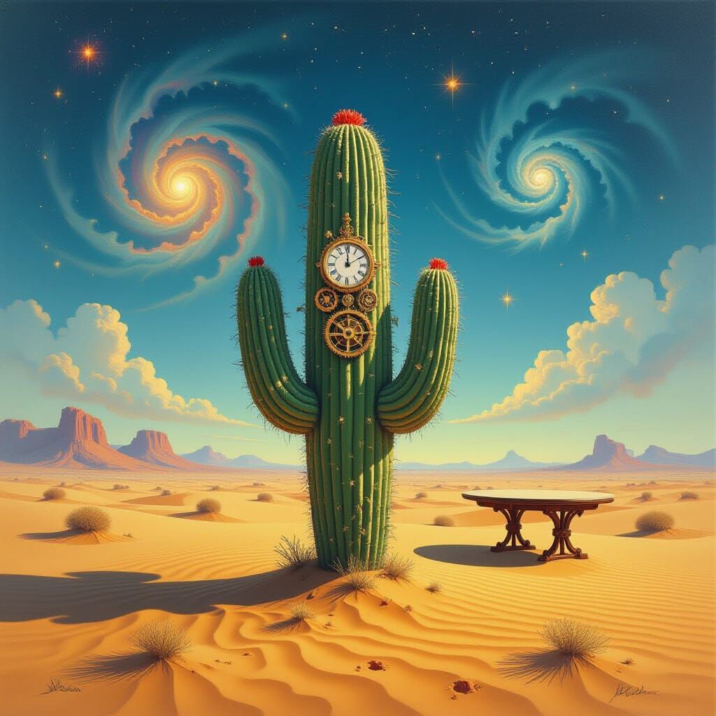 Clockwork Cactus in Alien Desert Under Nebulae Sky