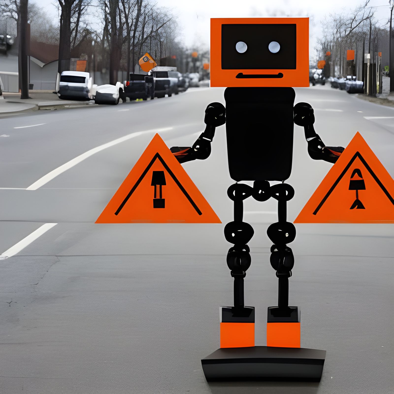 Lifeless Robot Holding a Caution Sign