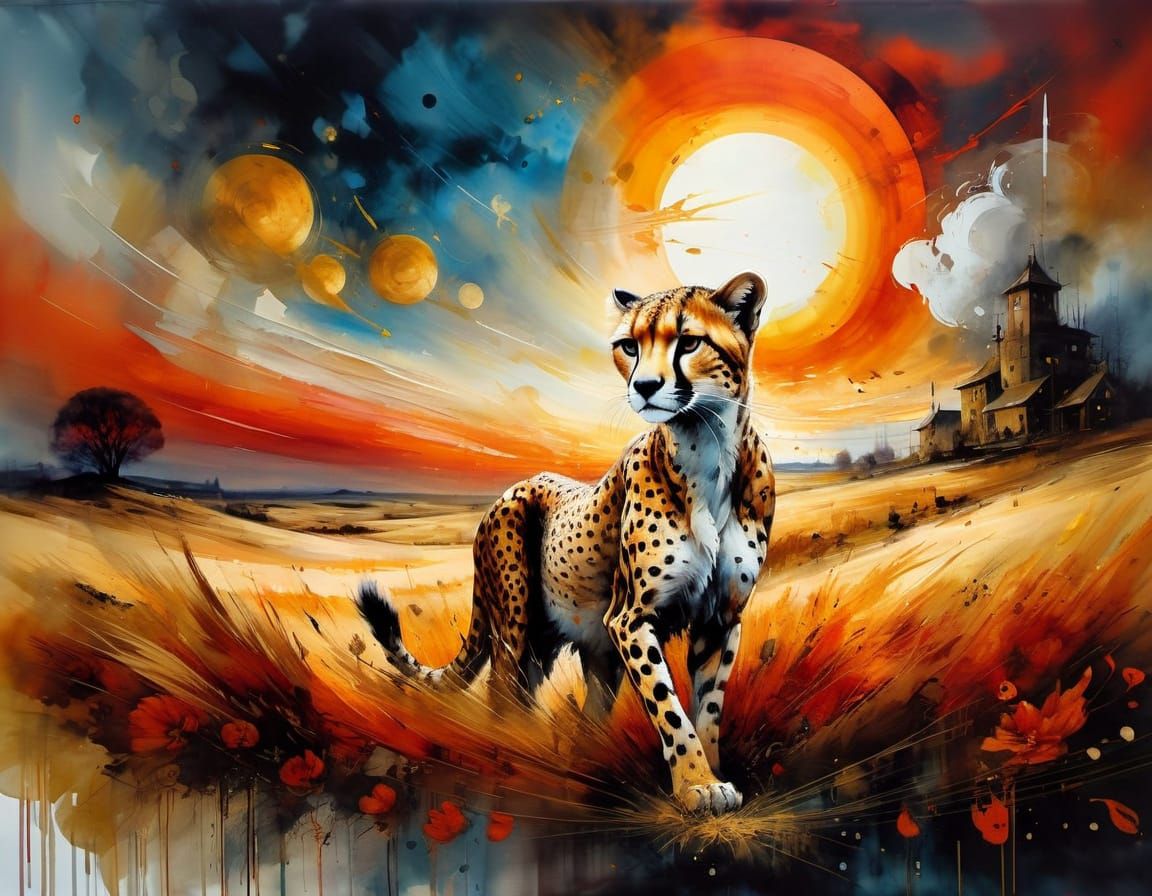 Cheetah Streaking Across Savanna as Stylized Watercolor