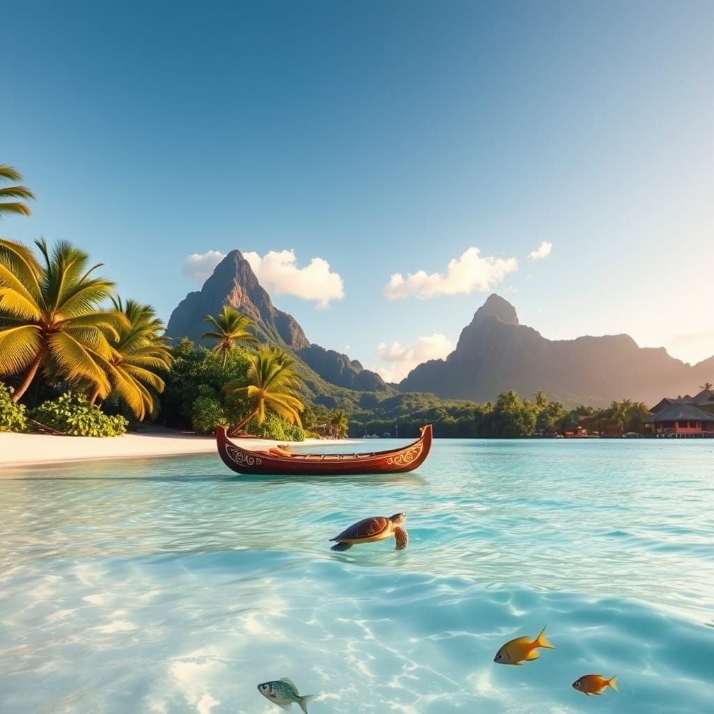 Tahitian Beach Paradise with Traditional Canoe and Sea Turtl...