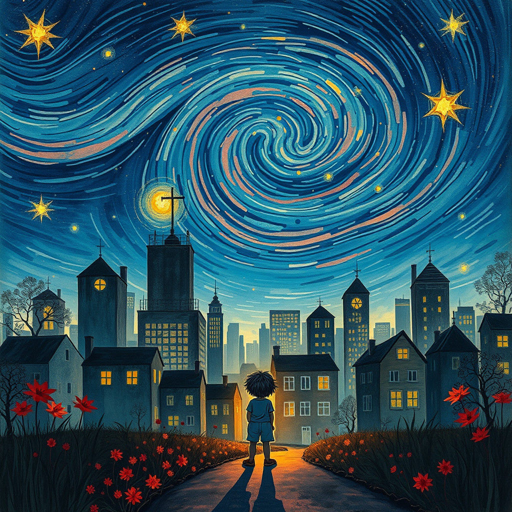Childlike Cosmic Cityscape at Dusk in Surreal Style