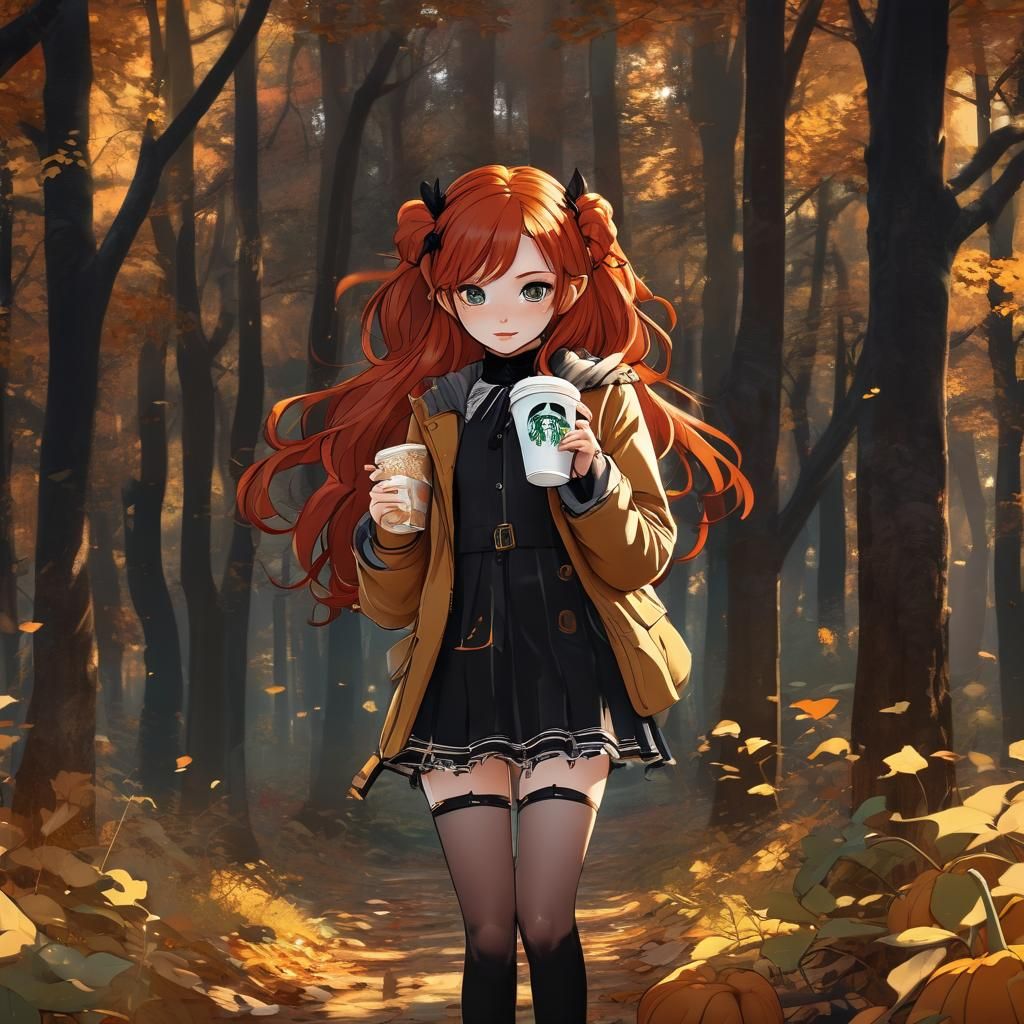 Redhead Autumn Fairy with Pumpkin Spice Latte in Anime Style