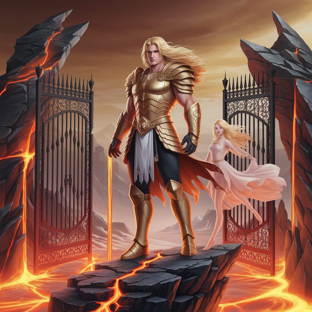 Fiery Warrior in Golden Armor Ascends Amidst Lava and Ancien...